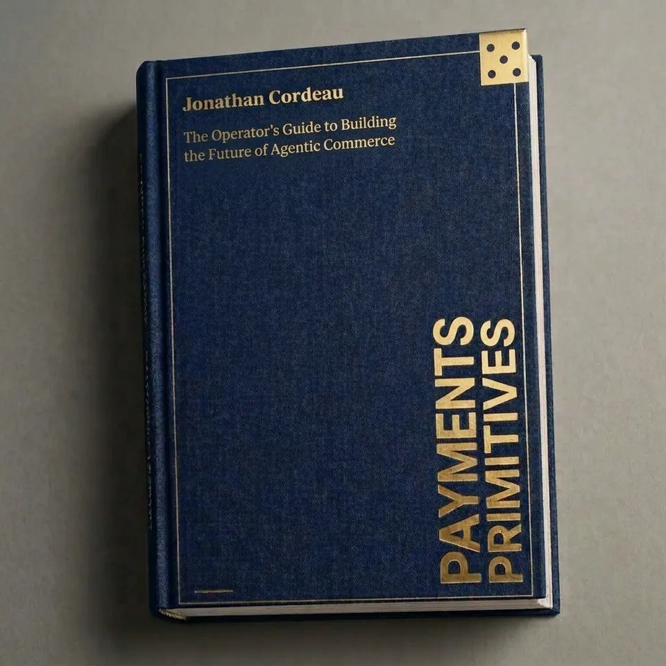 Navy cloth and gold foil Payments Primitives book cover by Jonathan Cordeau, The Operator’s Guide to Building the Future of Agentic Commerce